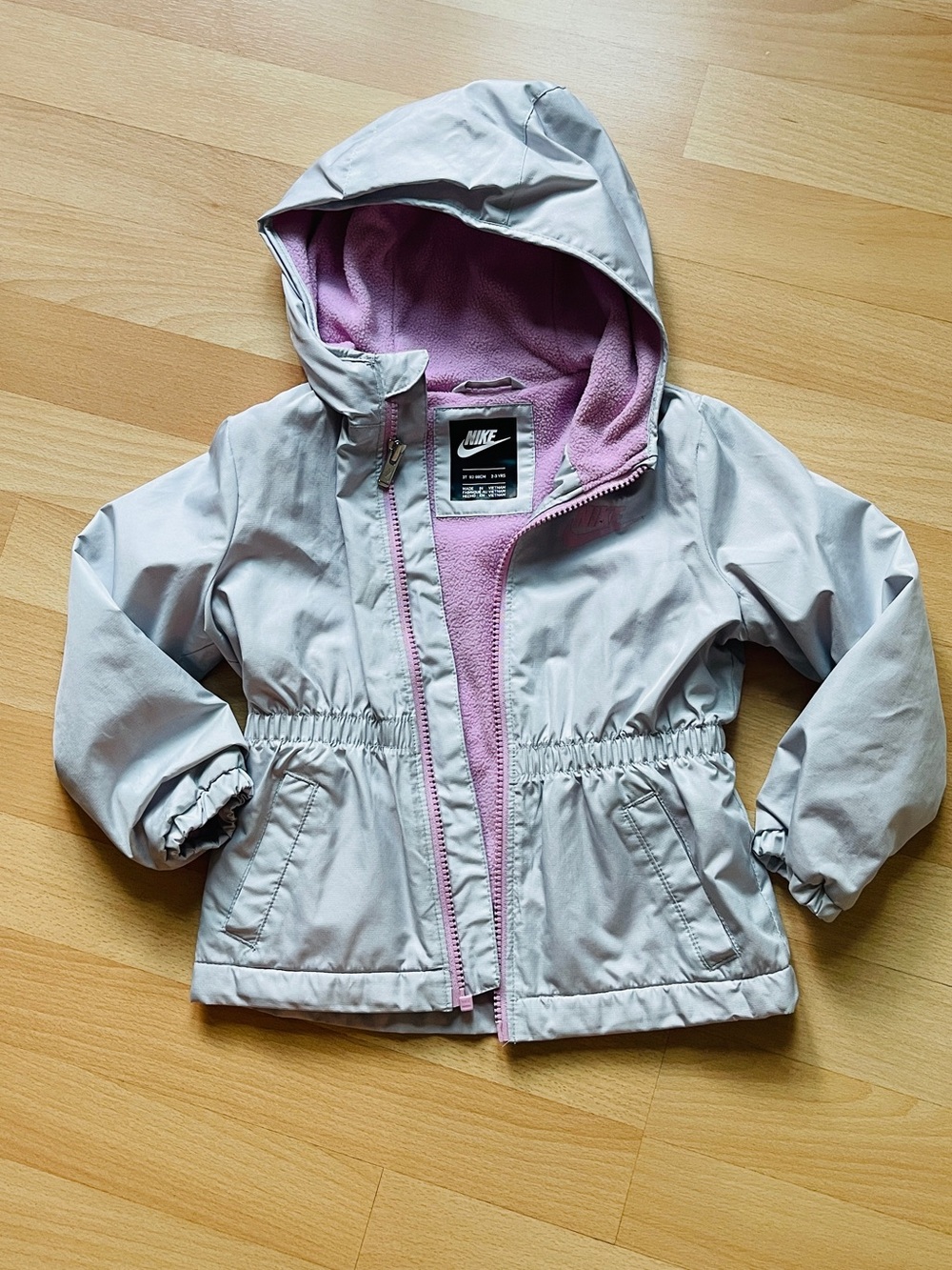 Nike Kids Light Gray Hooded Raincoat with Pink Lining